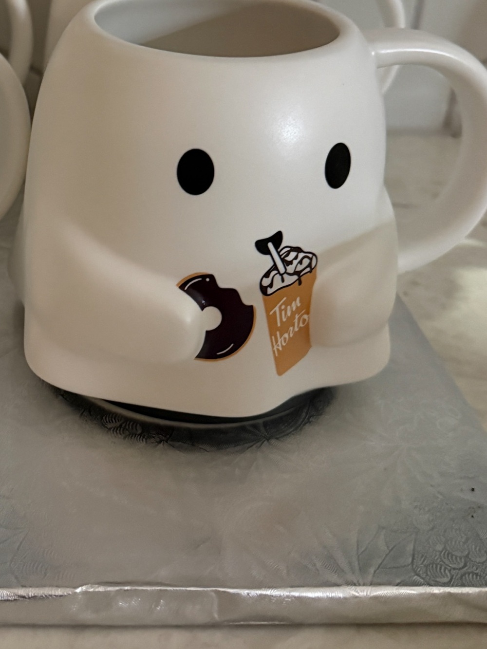 Tim Hortons White Ghost Character Ceramic Mug with Donut and Coffee Design